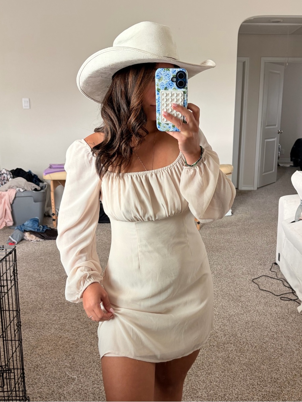 Altar'd State Sheer Long-Sleeve Mini Dress in beige